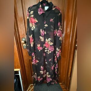 Black Floral Sheer Maxi Duster XL (Fits Oversized) Long Sleeve Button Wrist Boho